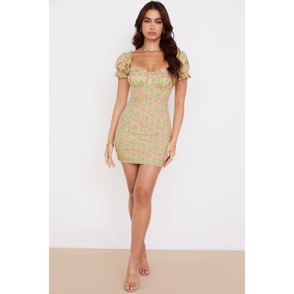 House of CB Tanaya Mini Dress XS Puff Sleeve Vintage Floral Cotton Poplin - Picture 1 of 12